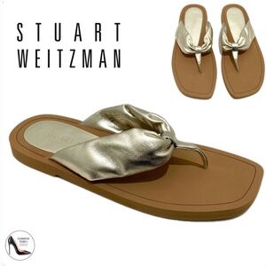 Stuart Weitzman Gold Metallic Cassie Round Toe Slip On Leather Flip Flop Sandals